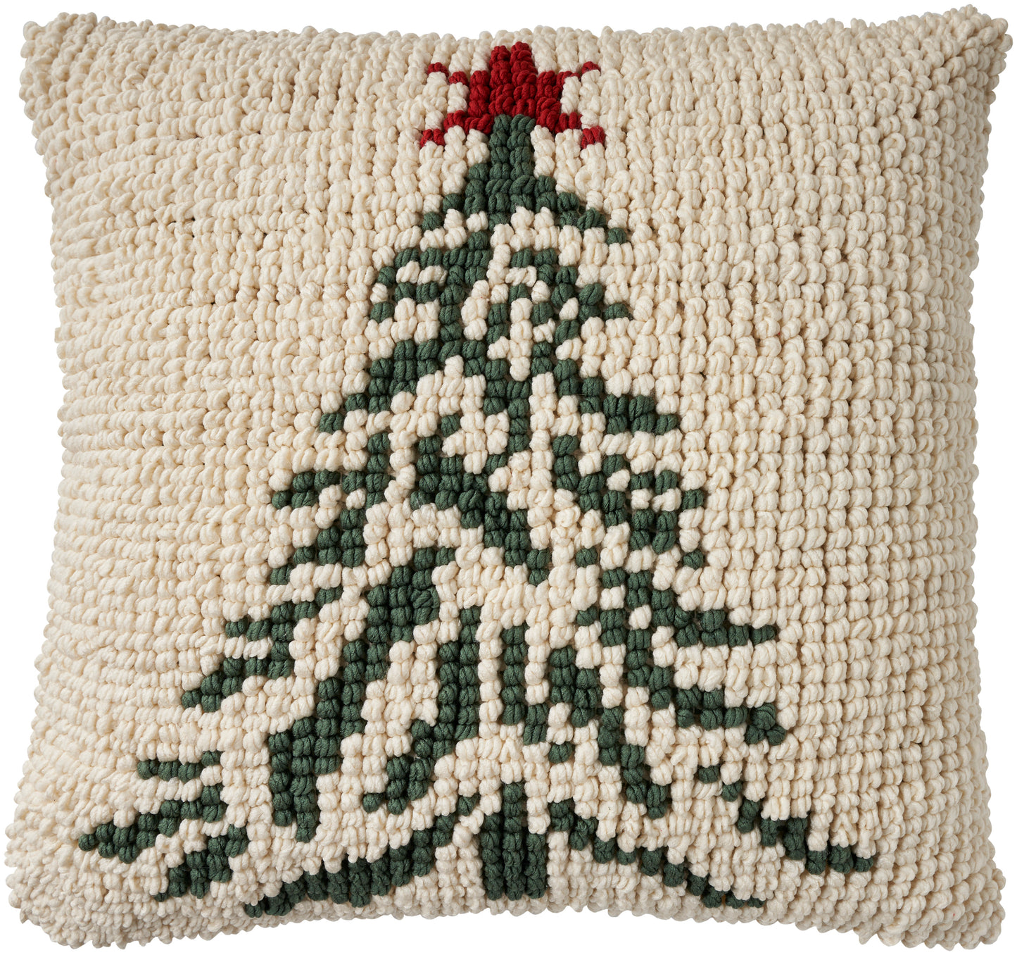 Beige boucle pillow with a dark green Christmas tree and white accents, red star on top.