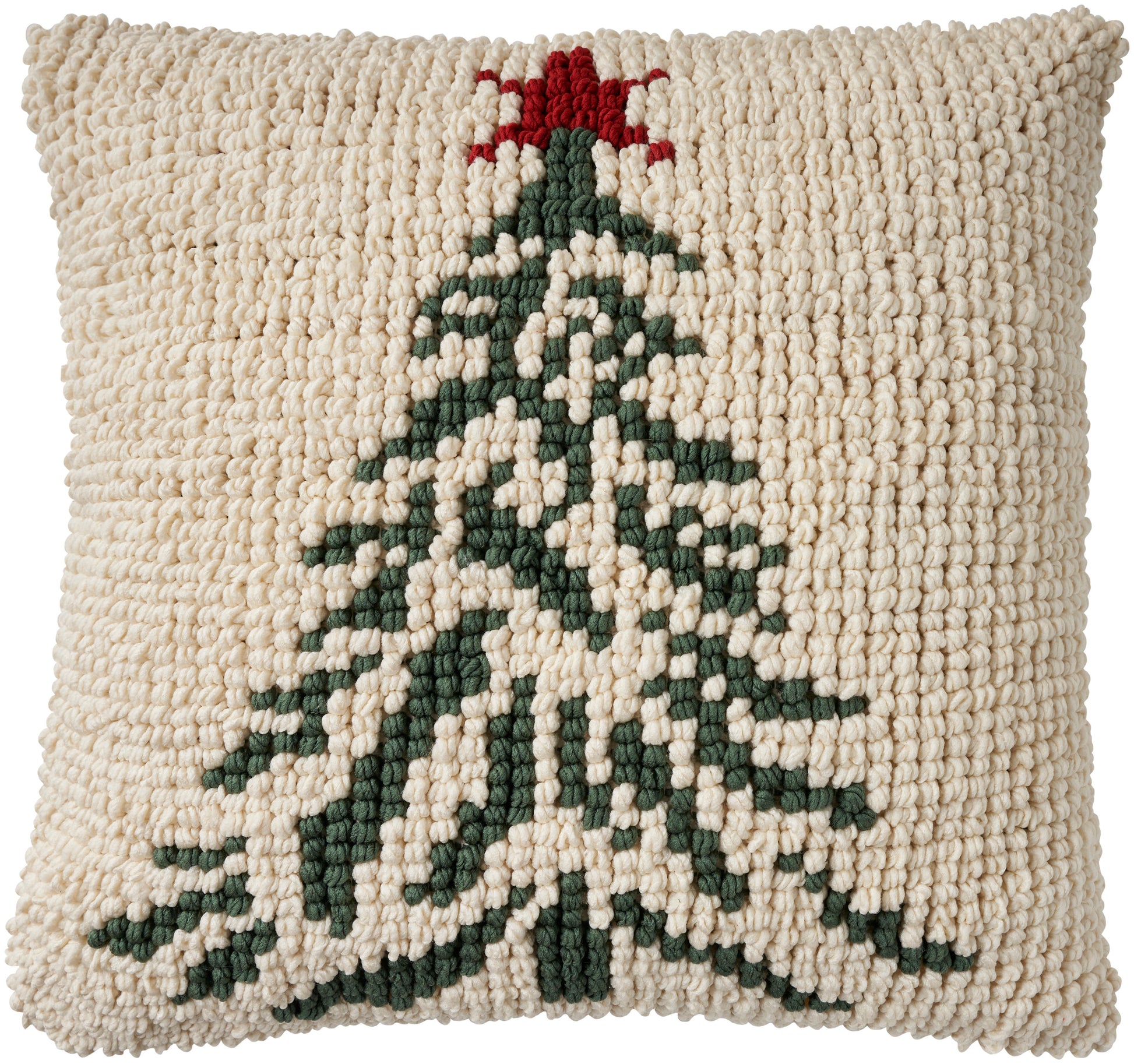 Beige boucle pillow with a dark green Christmas tree and white accents, red star on top.