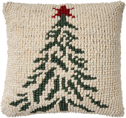 Beige boucle pillow with a dark green Christmas tree and white accents, red star on top.