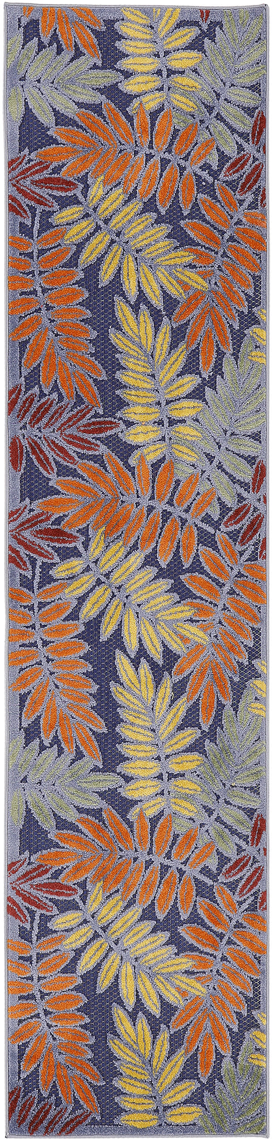 Rectangular woven hallway runner with orange, yellow and lime tropical leaves on navy background; gray border.