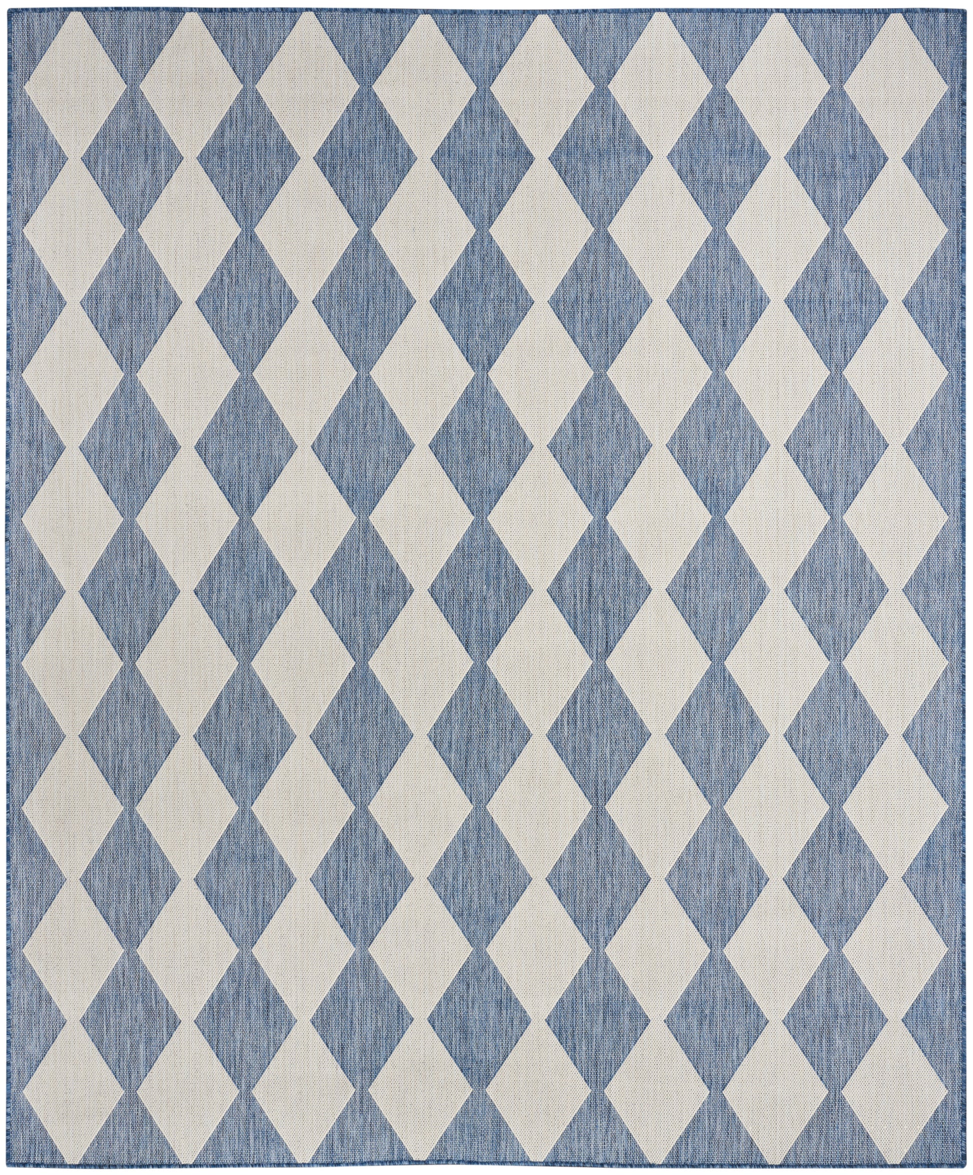 Blue denim-style rug with cream diamond harlequin pattern, woven texture and narrow border.