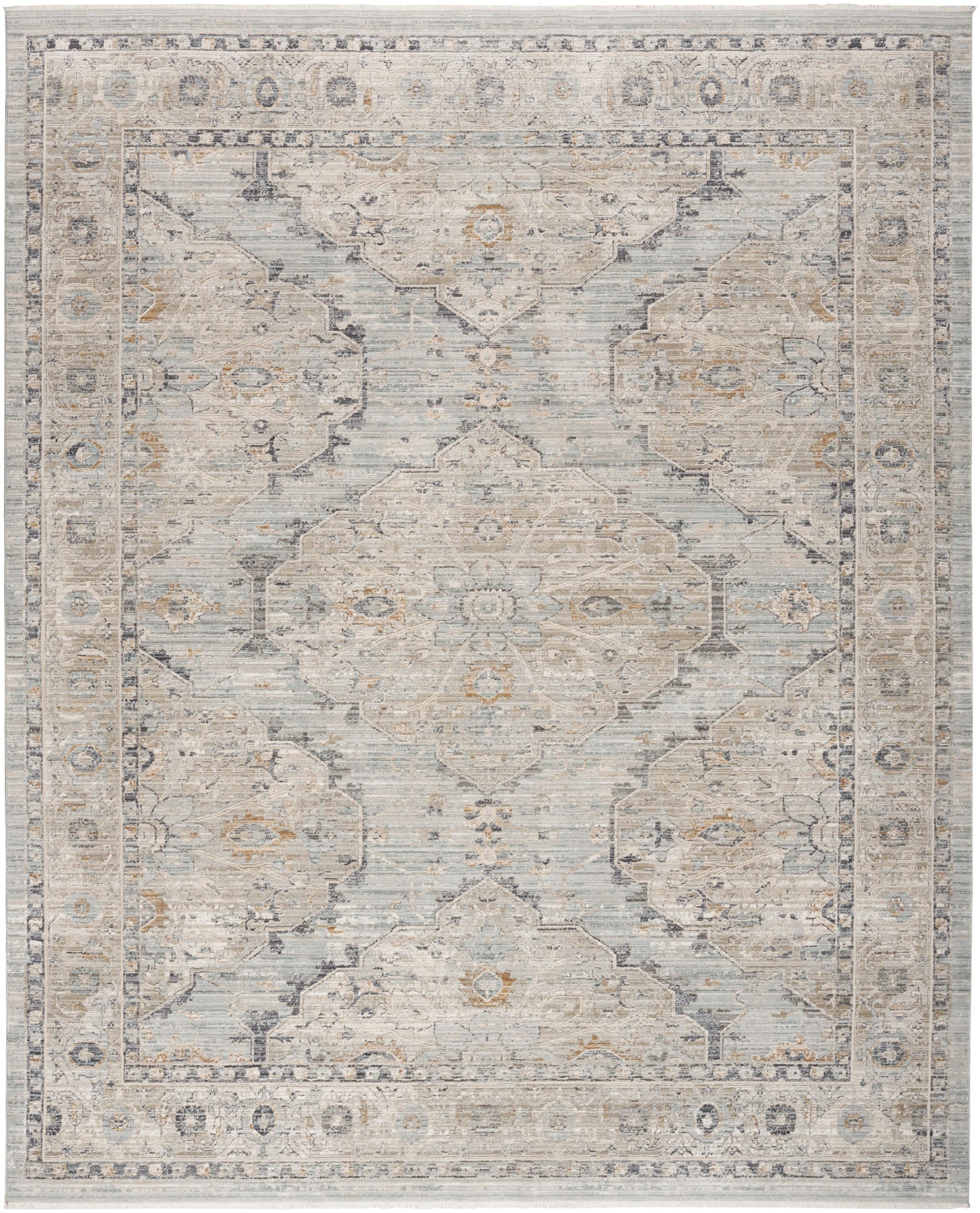 Rectangular area rug in blue-gray and ivory with a distressed oriental medallion design and floral border.