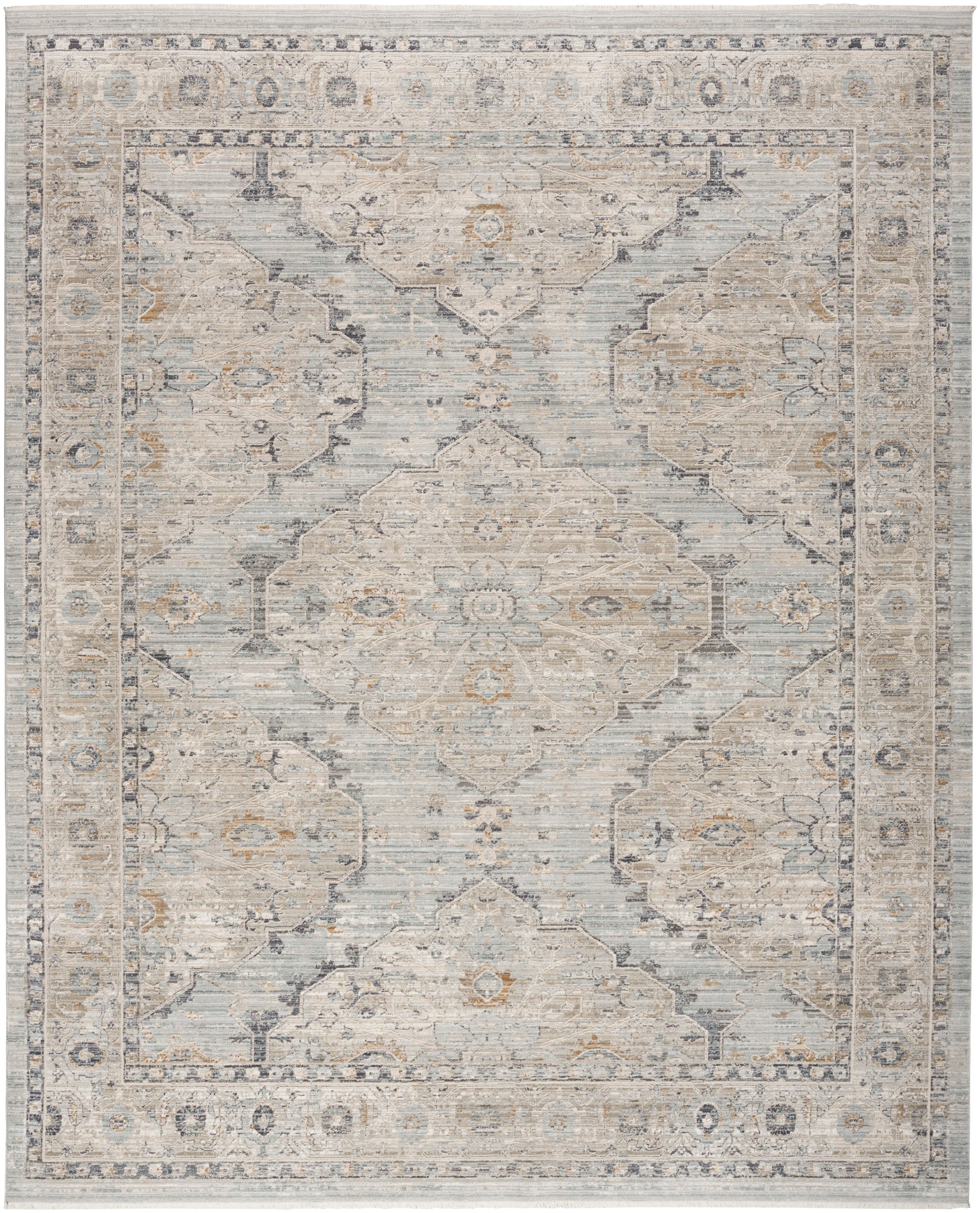 Rectangular area rug in blue-gray and ivory with a distressed oriental medallion design and floral border.