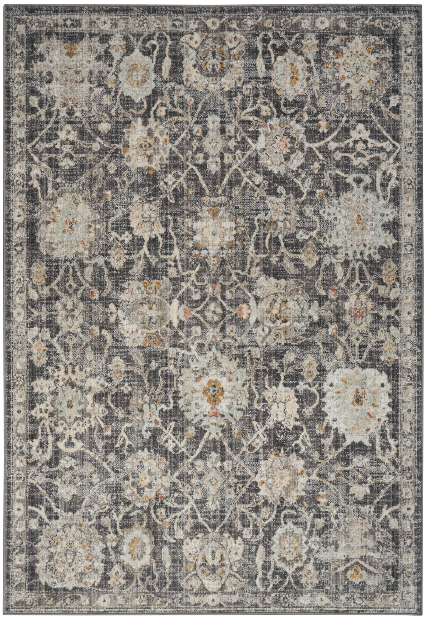 Gray vintage floral area rug with ivory blossoms and orange accents in a distressed traditional oriental pattern, 6' x 7'.