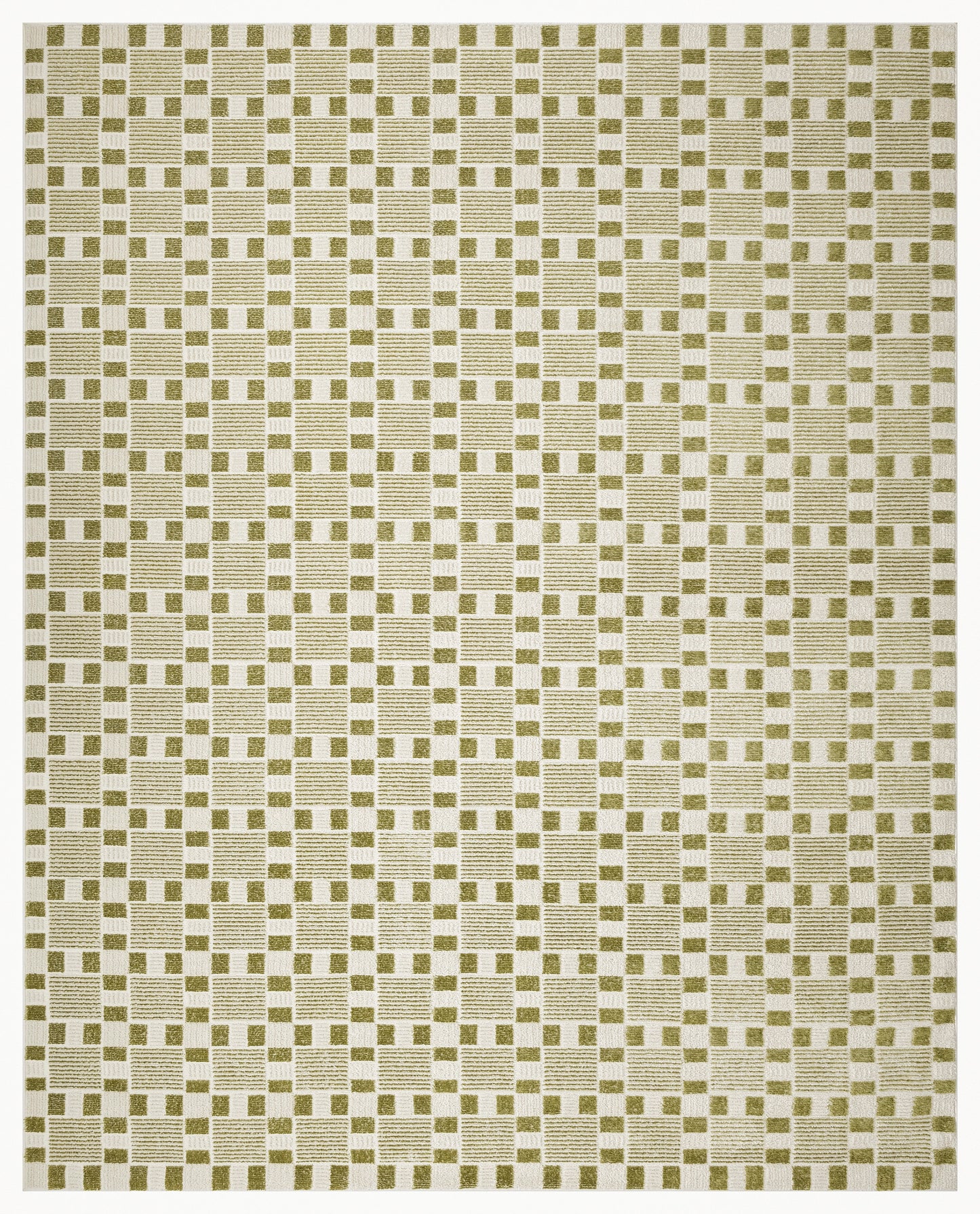 Geometric area rug with cream background and olive checkerboard pattern of striped beige squares and solid olive squares