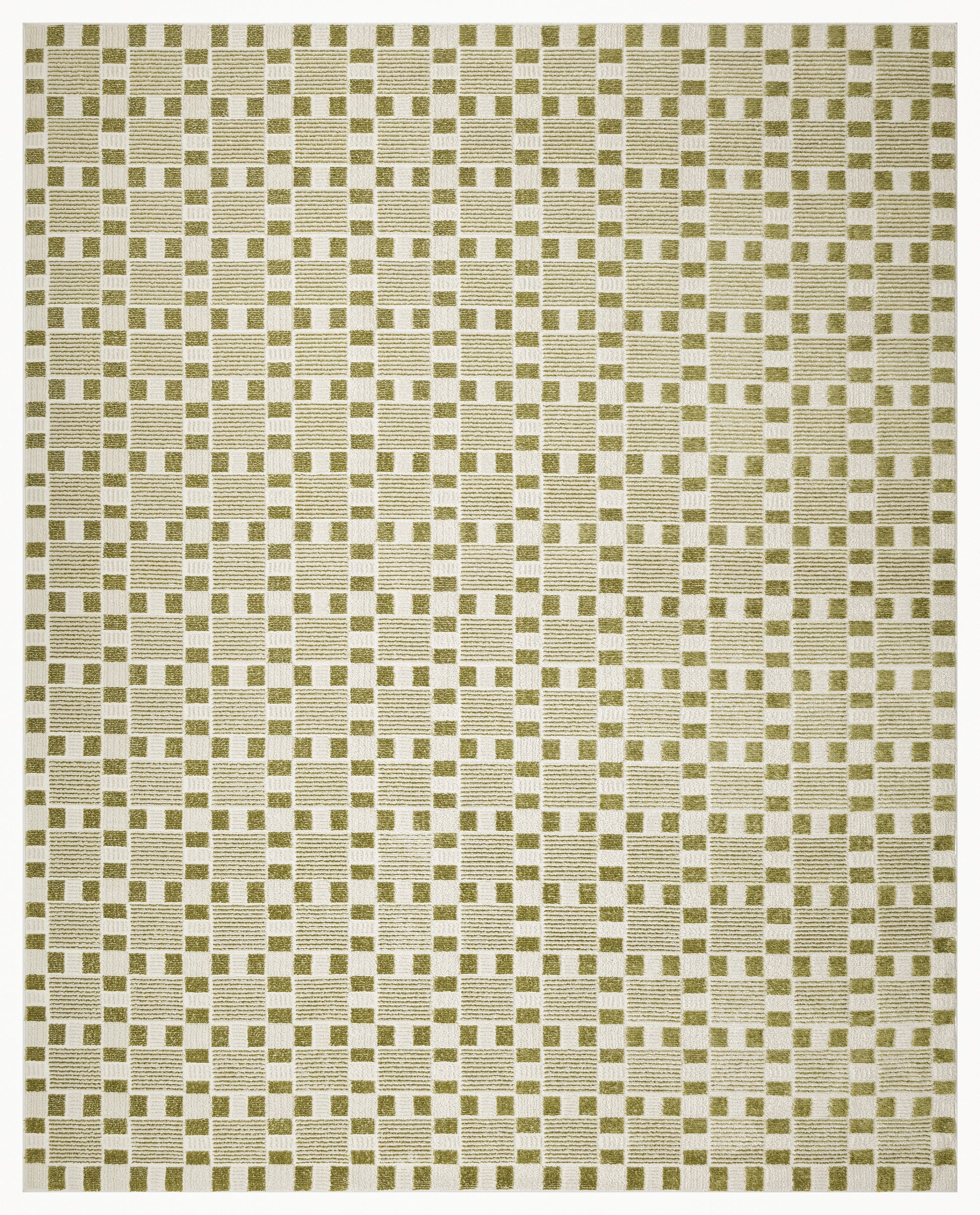 Geometric area rug with cream background and olive checkerboard pattern of striped beige squares and solid olive squares