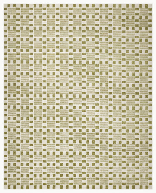 Geometric area rug with cream background and olive checkerboard pattern of striped beige squares and solid olive squares