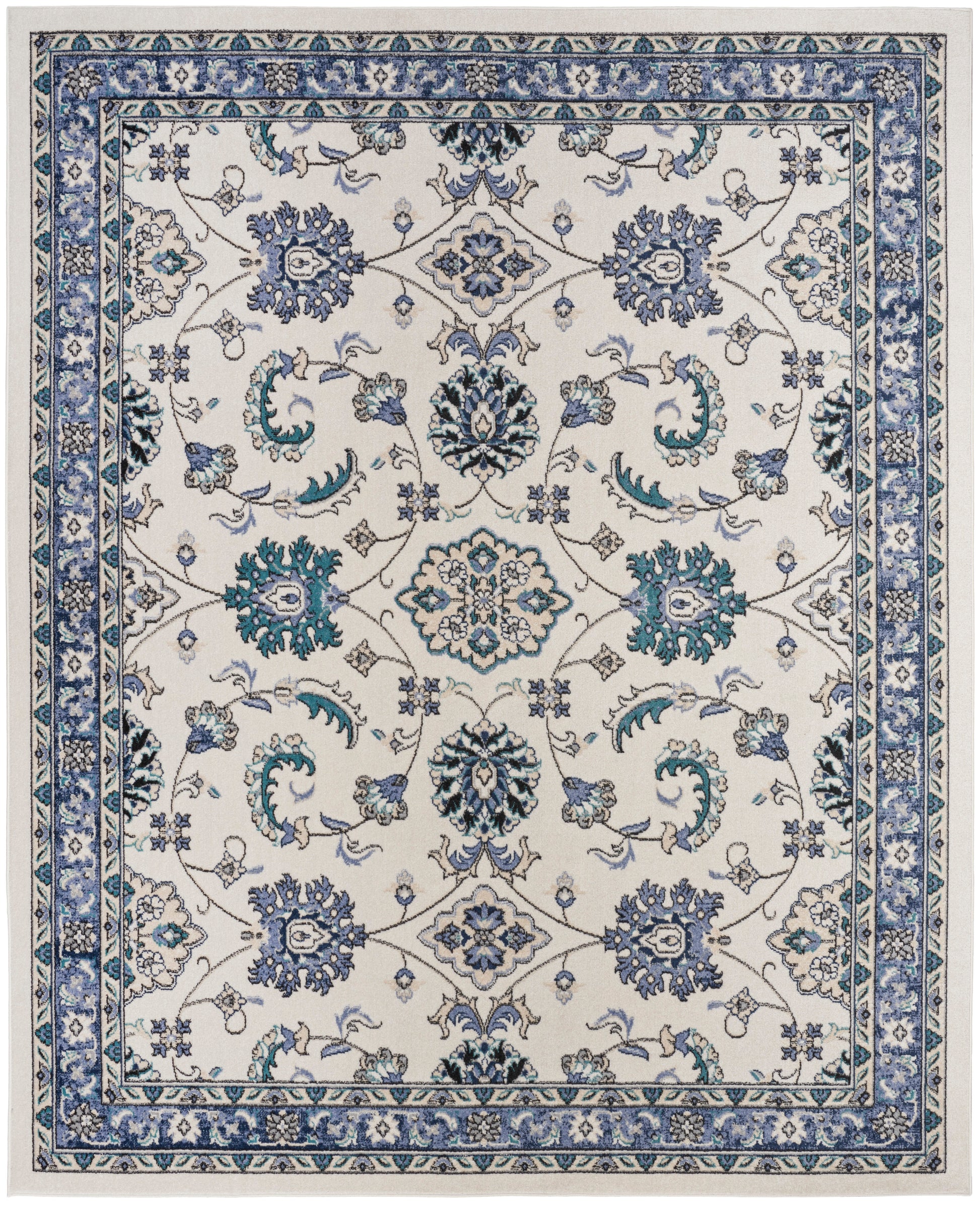 Traditional Persian-style area rug with ivory base, blue & teal floral motifs and a layered blue border.