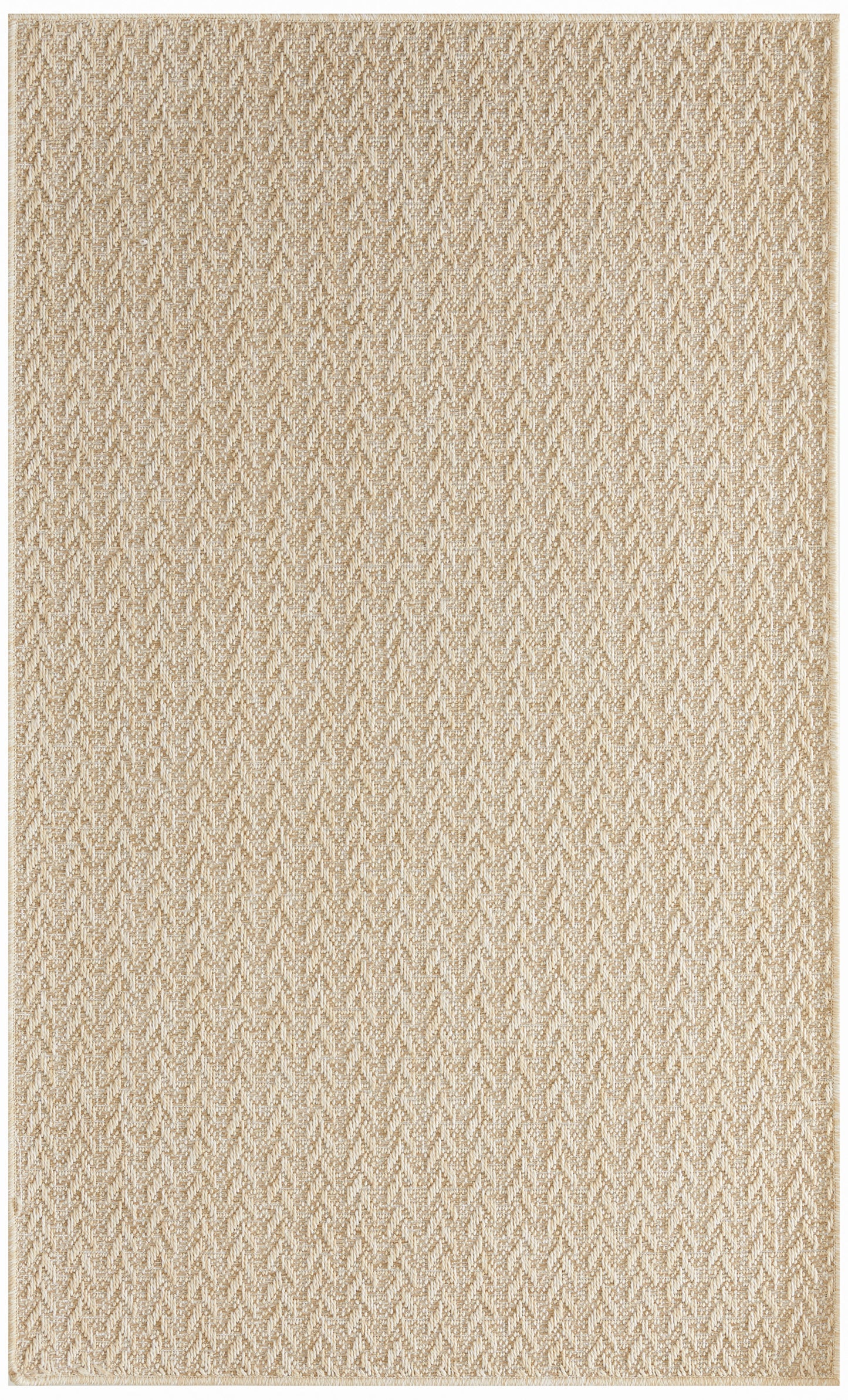 Beige textured rug with subtle chevron weave, natural jute-like fibers; rectangular and neutral.