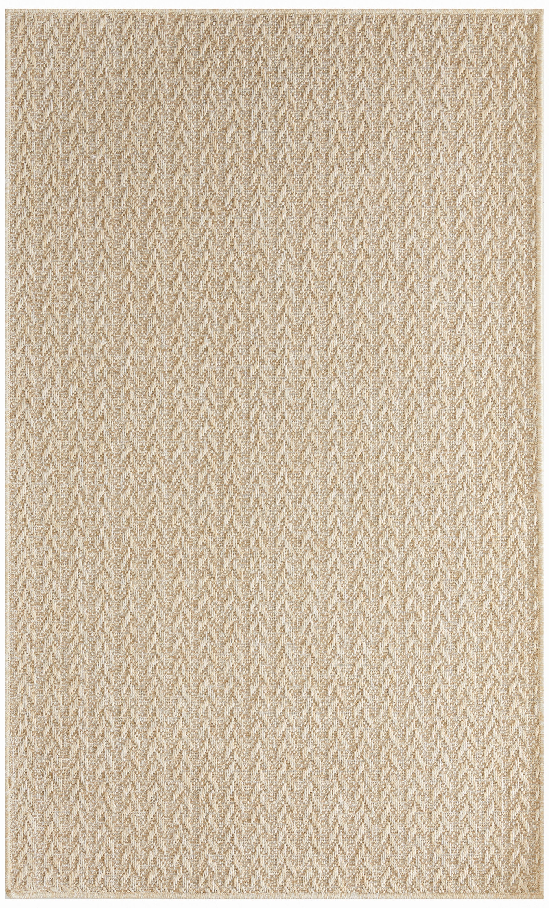 Beige textured rug with subtle chevron weave, natural jute-like fibers; rectangular and neutral.