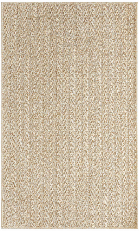 Beige textured rug with subtle chevron weave, natural jute-like fibers; rectangular and neutral.