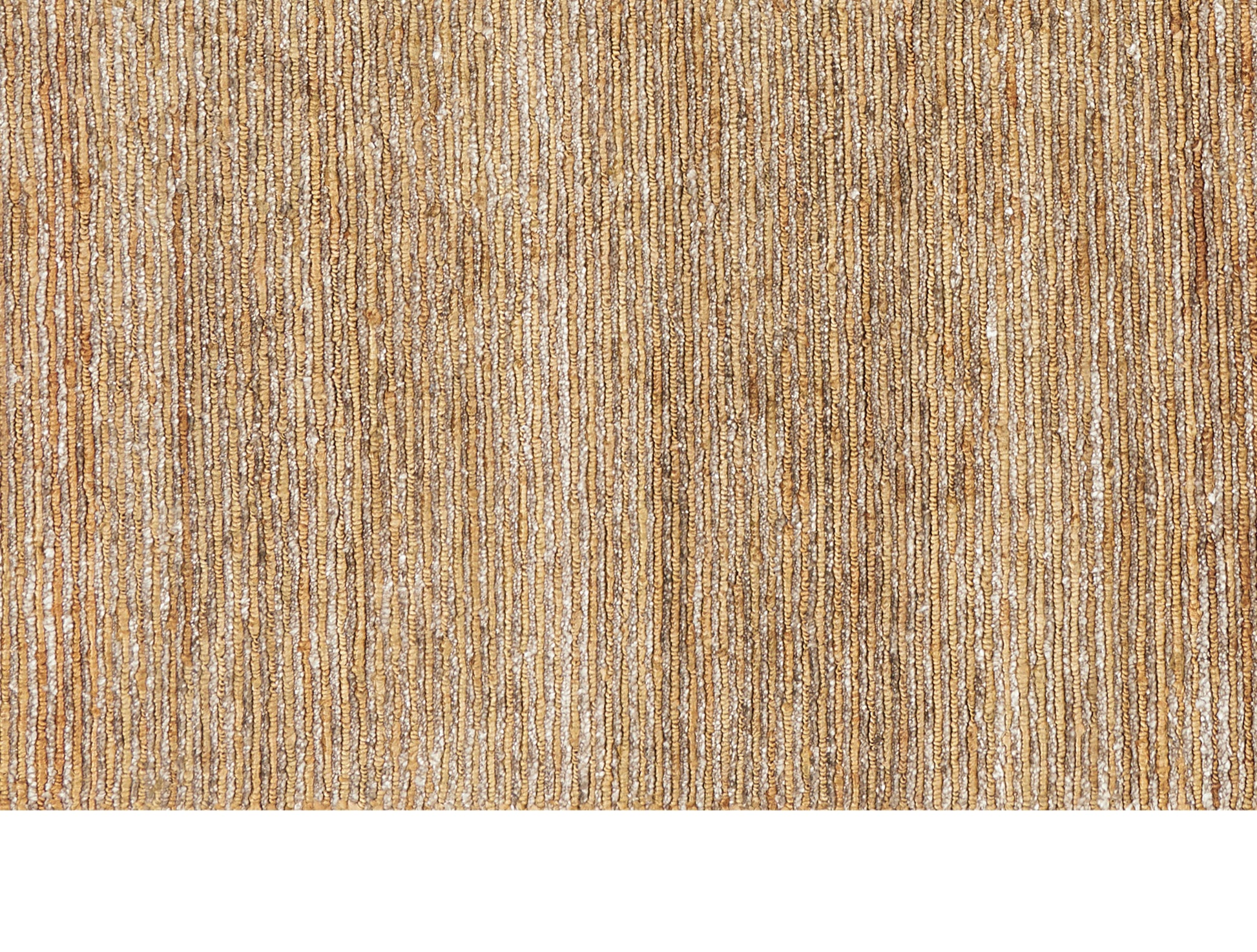 Close-up of golden beige woven rug with metallic vertical threads and warm striped texture.