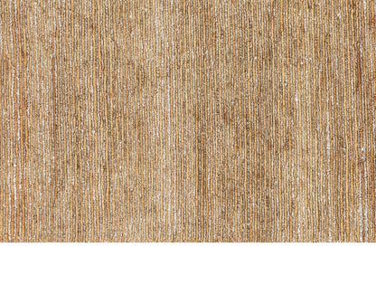 Close-up of golden beige woven rug with metallic vertical threads and warm striped texture.