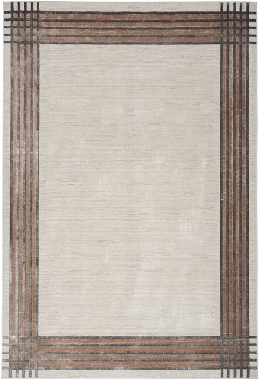 Rectangular area rug with beige central field & geometric plaid border in charcoal, copper-brown & black for modern rustic rooms.