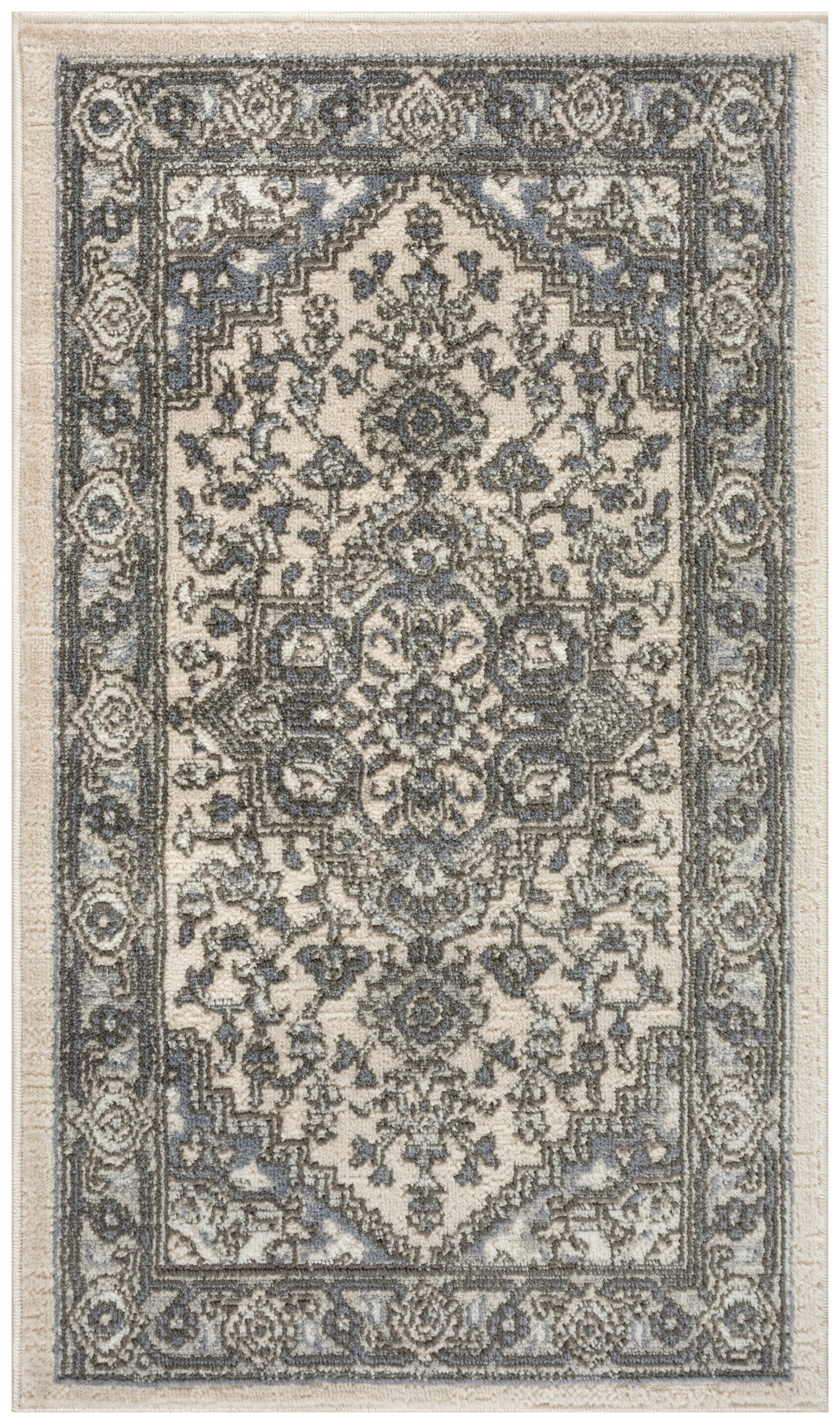 Ornate traditional area rug with cream background, blue-gray accents, a central medallion and floral border.
