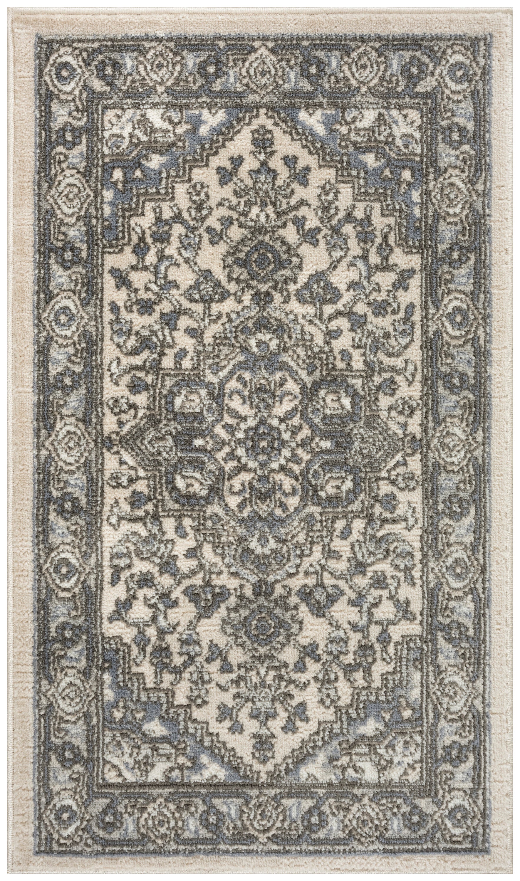 Ornate traditional area rug with cream background, blue-gray accents, a central medallion and floral border.