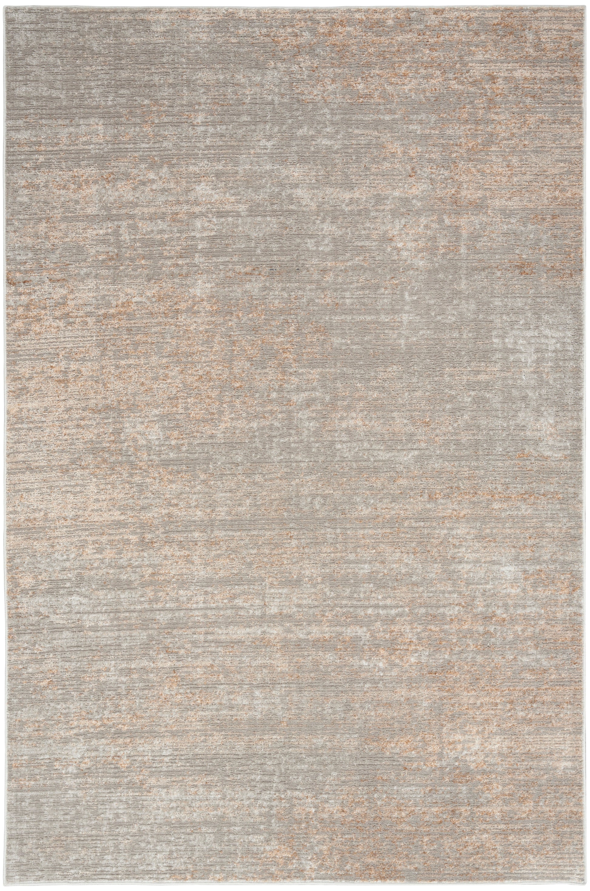 Rectangular neutral area rug in gray and beige with a subtly distressed, textured pattern.