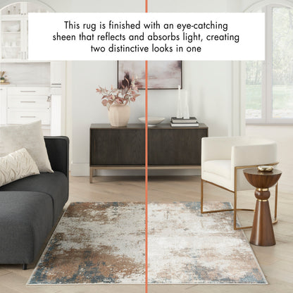 Contemporary living room with a distressed blue-gray beige rug, dark wood console, white armchair with gold legs, and a dark sofa.