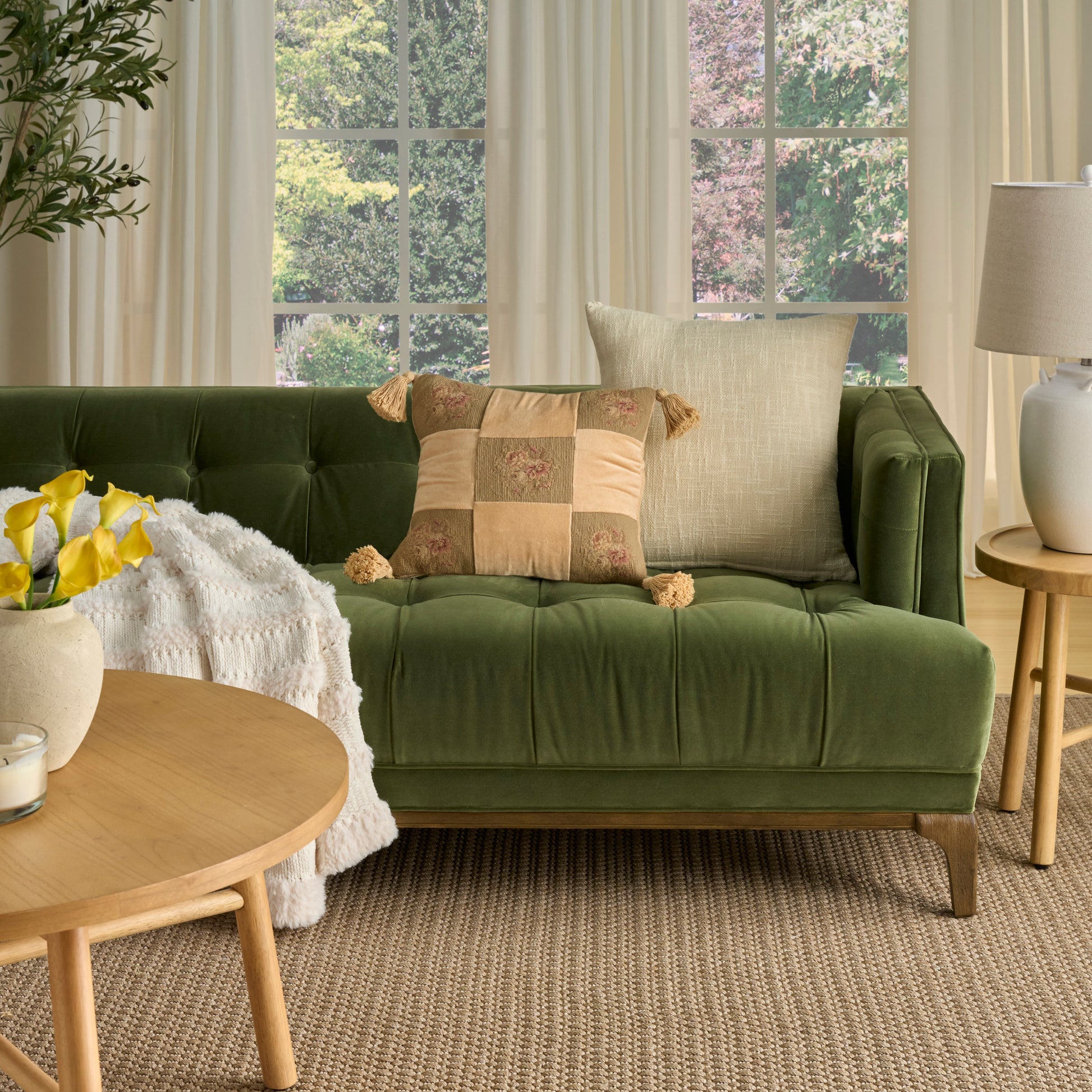 Olive green square decorative pillow, 18 x 18 inches.