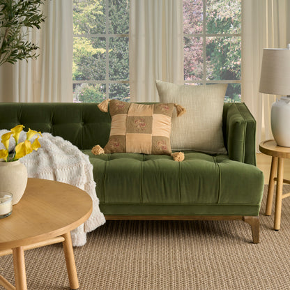 Olive green square decorative pillow, 18 x 18 inches.