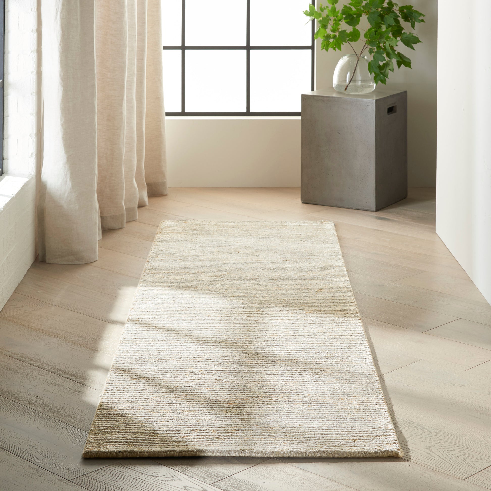 Natural beige woven jute rug runner, long rectangular hallway rug for entryway.