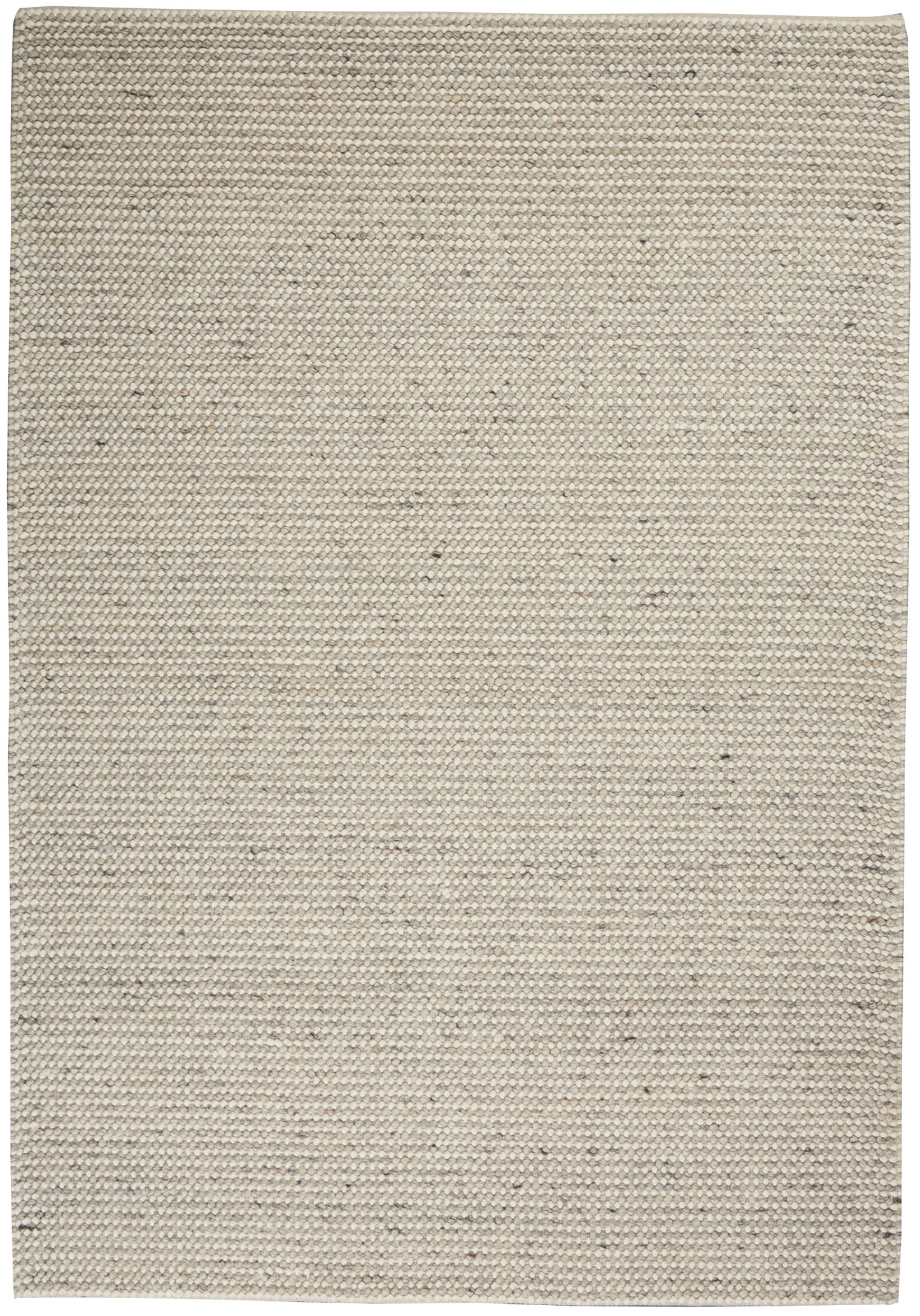 Beige flatwoven rug with subtle gray speckles, natural fiber texture, rectangular and neutral for living spaces.