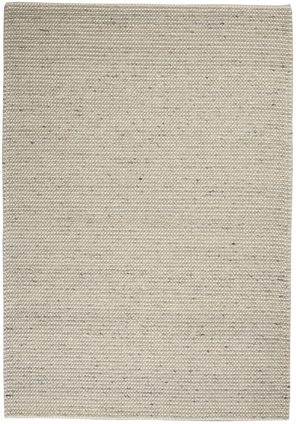 Beige flatwoven rug with subtle gray speckles, natural fiber texture, rectangular and neutral for living spaces.