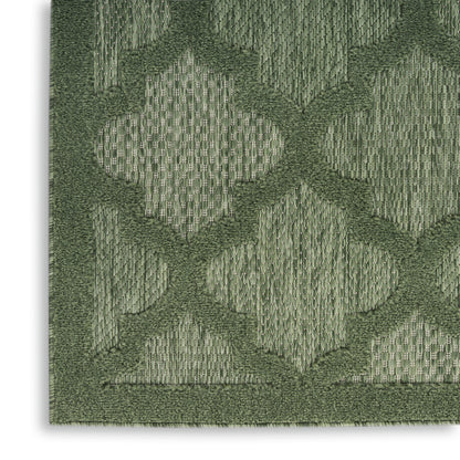 Olive green textured woven runner with geometric damask/trellis pattern, raised pile and decorative border.