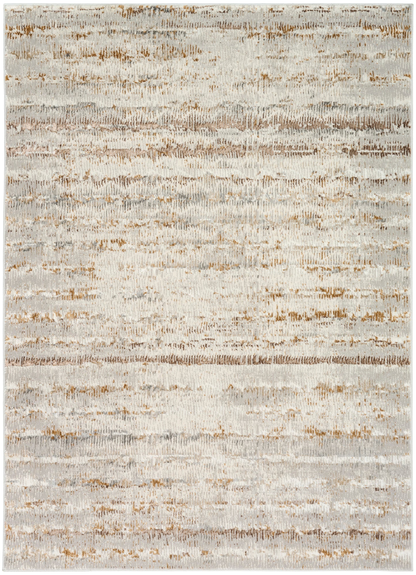 Rectangular area rug with abstract horizontal stripes in cream, taupe and caramel; soft, plush, modern decor.