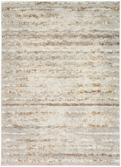 Rectangular area rug with abstract horizontal stripes in cream, taupe and caramel; soft, plush, modern decor.