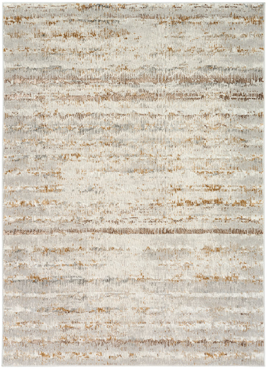 Rectangular area rug with abstract horizontal stripes in cream, taupe and caramel; soft, plush, modern decor.