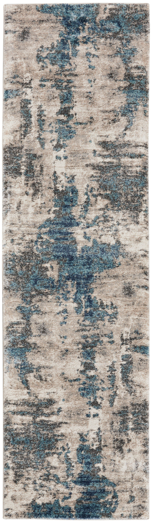 Narrow rectangular runner rug in beige, gray and blue with a modern, painterly distressed pattern.