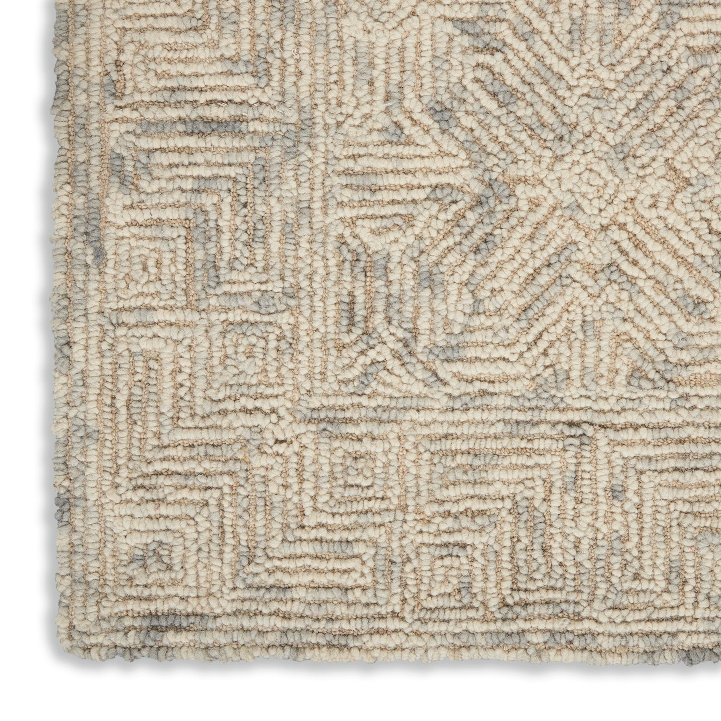 Beige shag rug with gray geometric maze pattern; plush loop pile, rectangular area rug for living room.