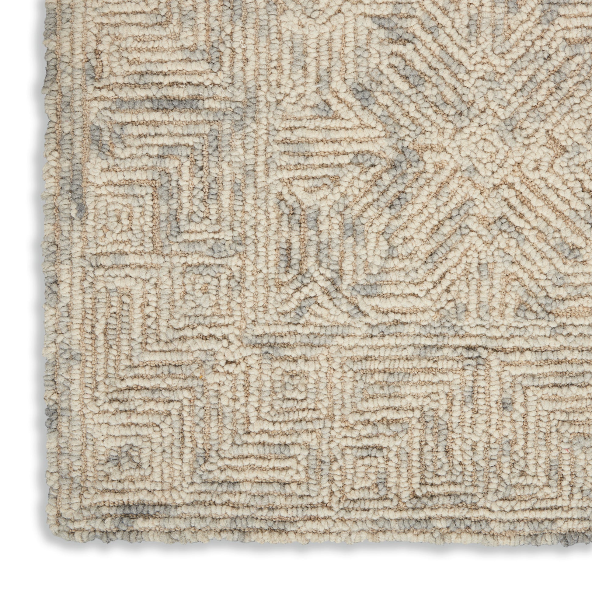 Beige shag rug with gray geometric maze pattern; plush loop pile, rectangular area rug for living room.