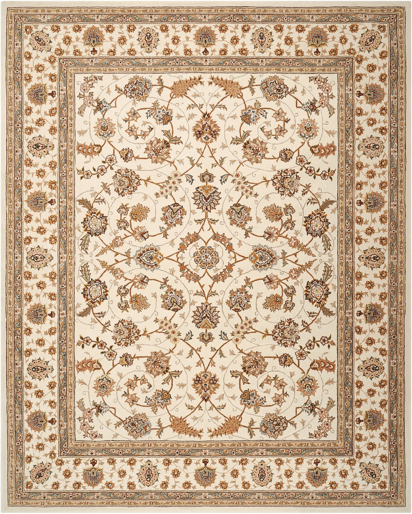 Traditional Persian-inspired woven area rug with cream field and gold-brown floral vines, multiple layered borders.