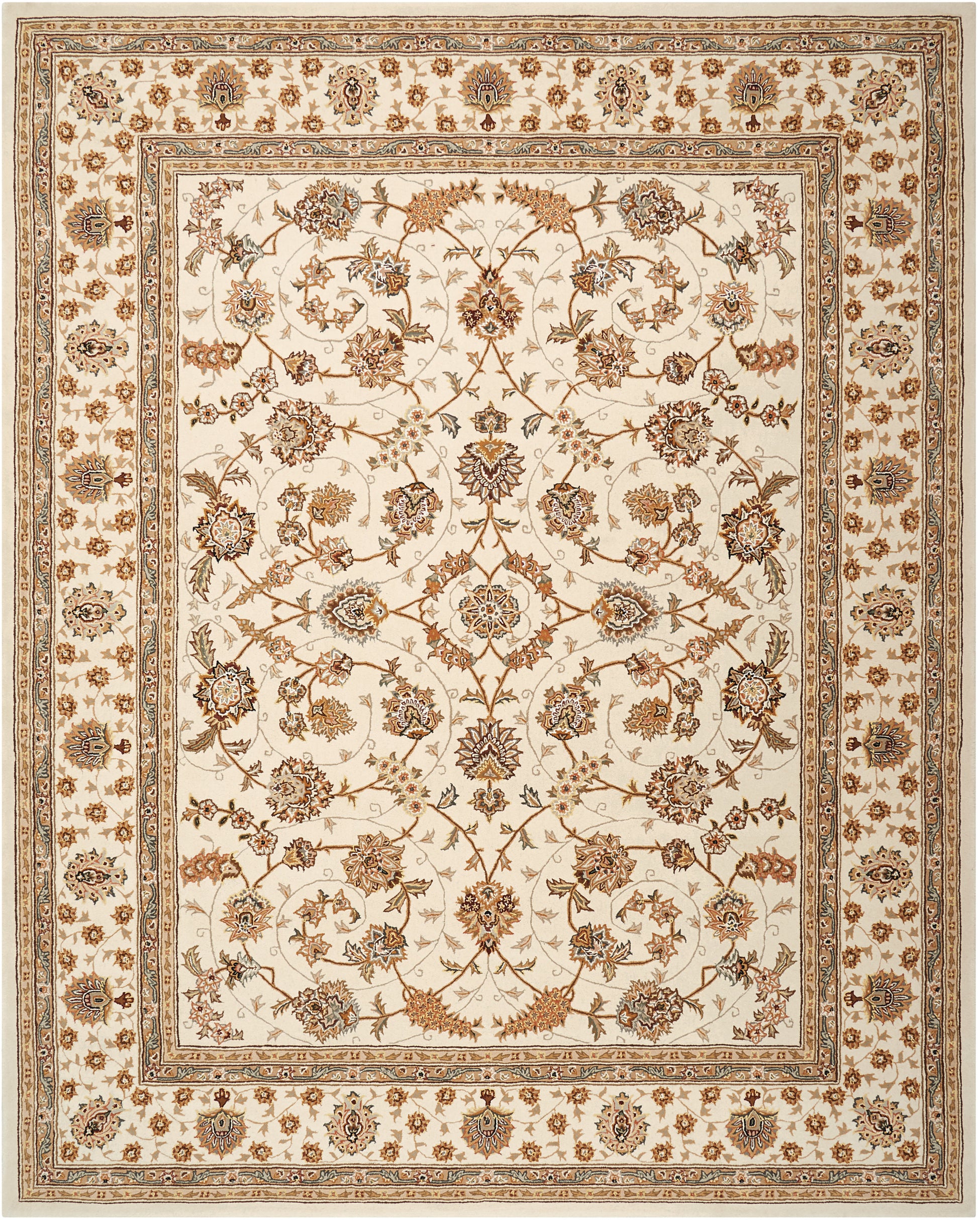 Traditional Persian-inspired woven area rug with cream field and gold-brown floral vines, multiple layered borders.