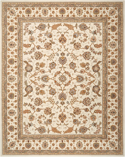 Traditional Persian-inspired woven area rug with cream field and gold-brown floral vines, multiple layered borders.