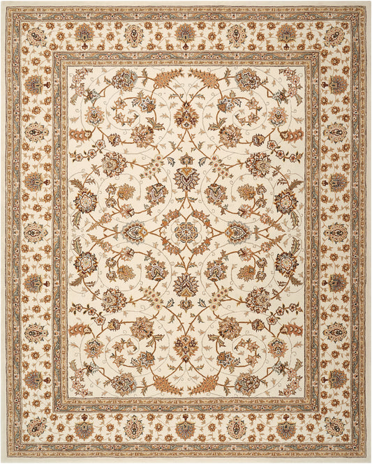 Traditional Persian-inspired woven area rug with cream field and gold-brown floral vines, multiple layered borders.