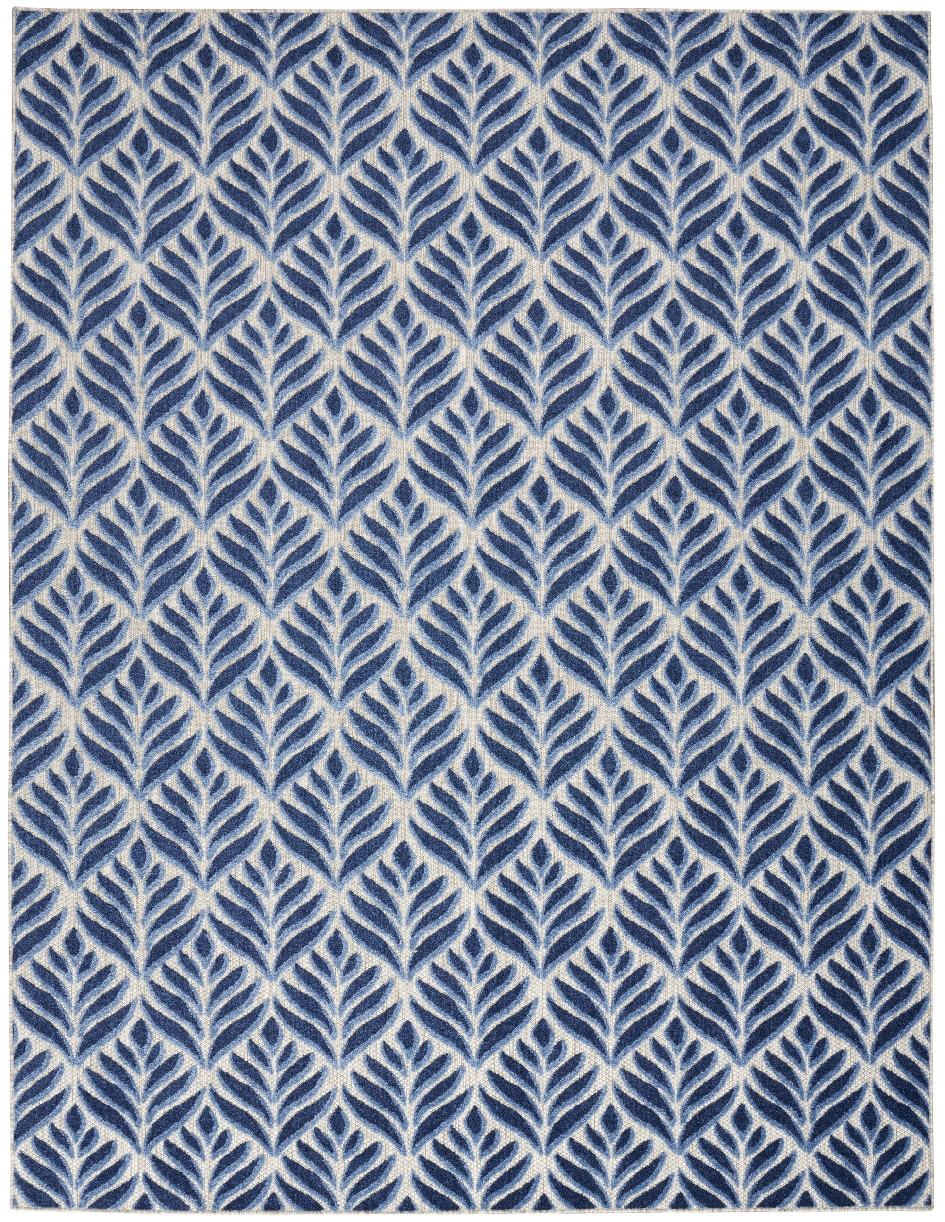 Blue and white rectangular rug with a repeating navy leaf/fern motif on a light background.