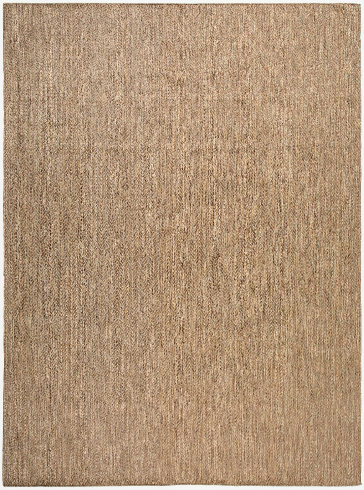 Natural tan woven rug with subtle chevron pattern, flat-weave style in warm beige.