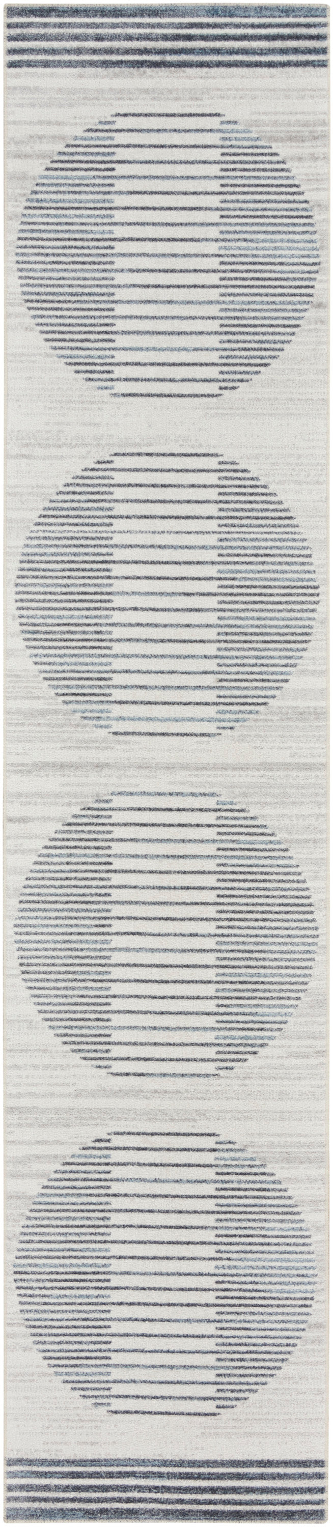 Narrow textile with four vertically stacked blue-gray striped circles on pale background.