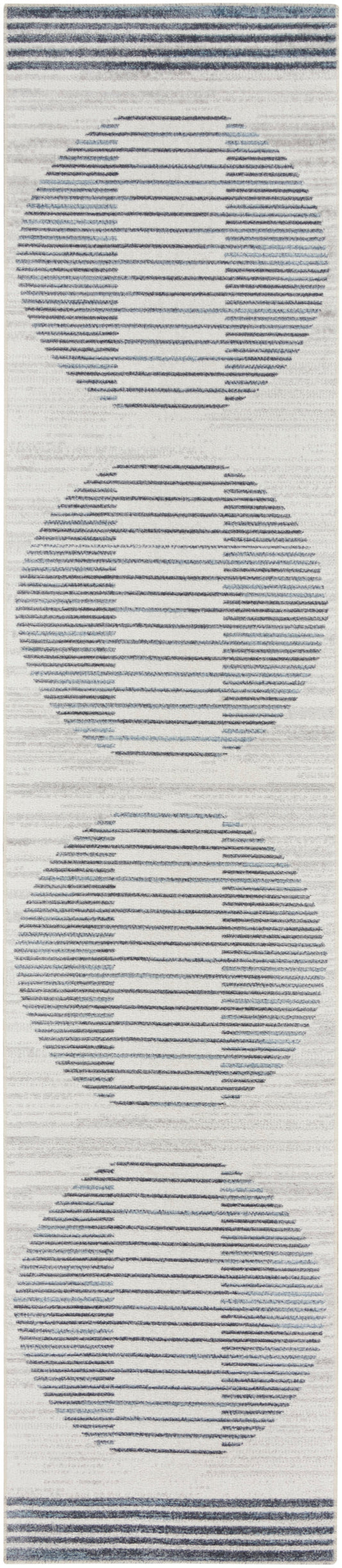 Narrow textile with four vertically stacked blue-gray striped circles on pale background.