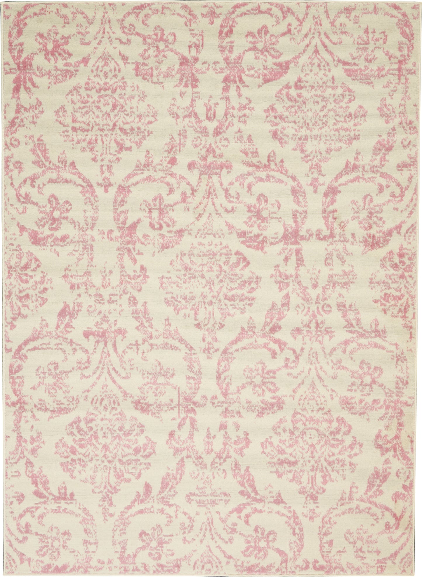 Cream rug with pink damask floral pattern; classic decorative area rug for traditional interiors.