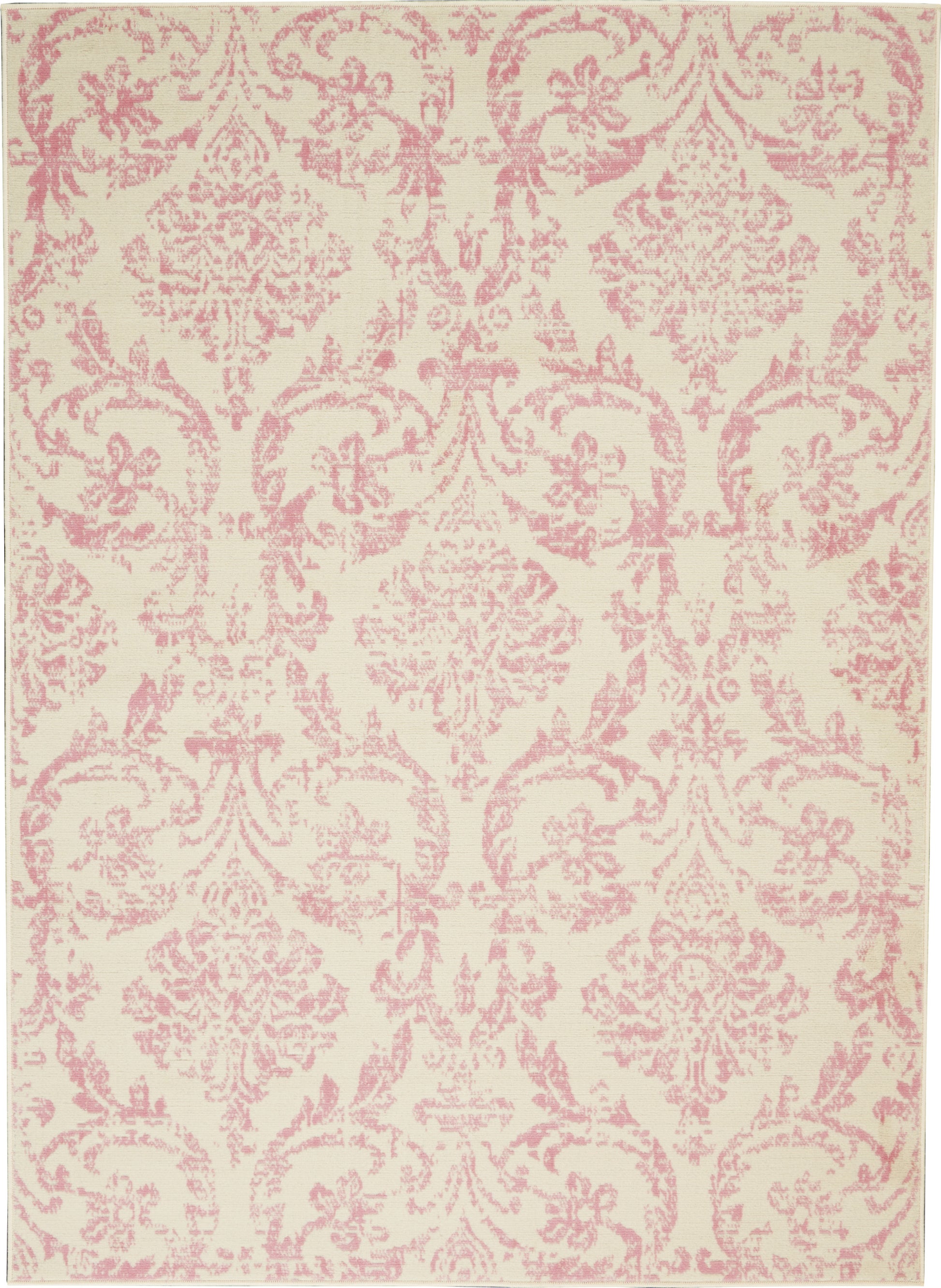 Cream rug with pink damask floral pattern; classic decorative area rug for traditional interiors.