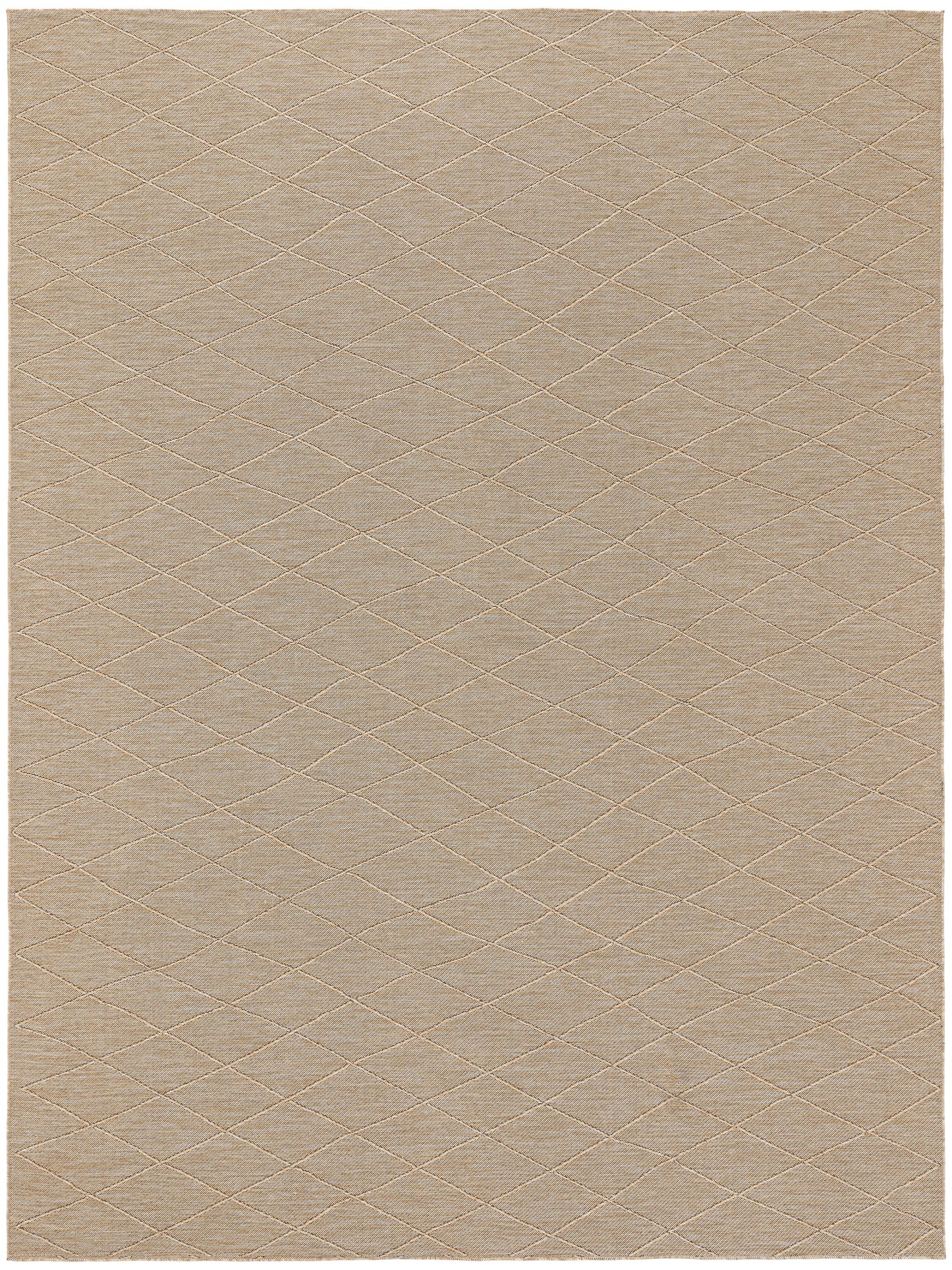 Beige-tan rectangular rug with subtle diamond-quilted texture and soft, cozy look.