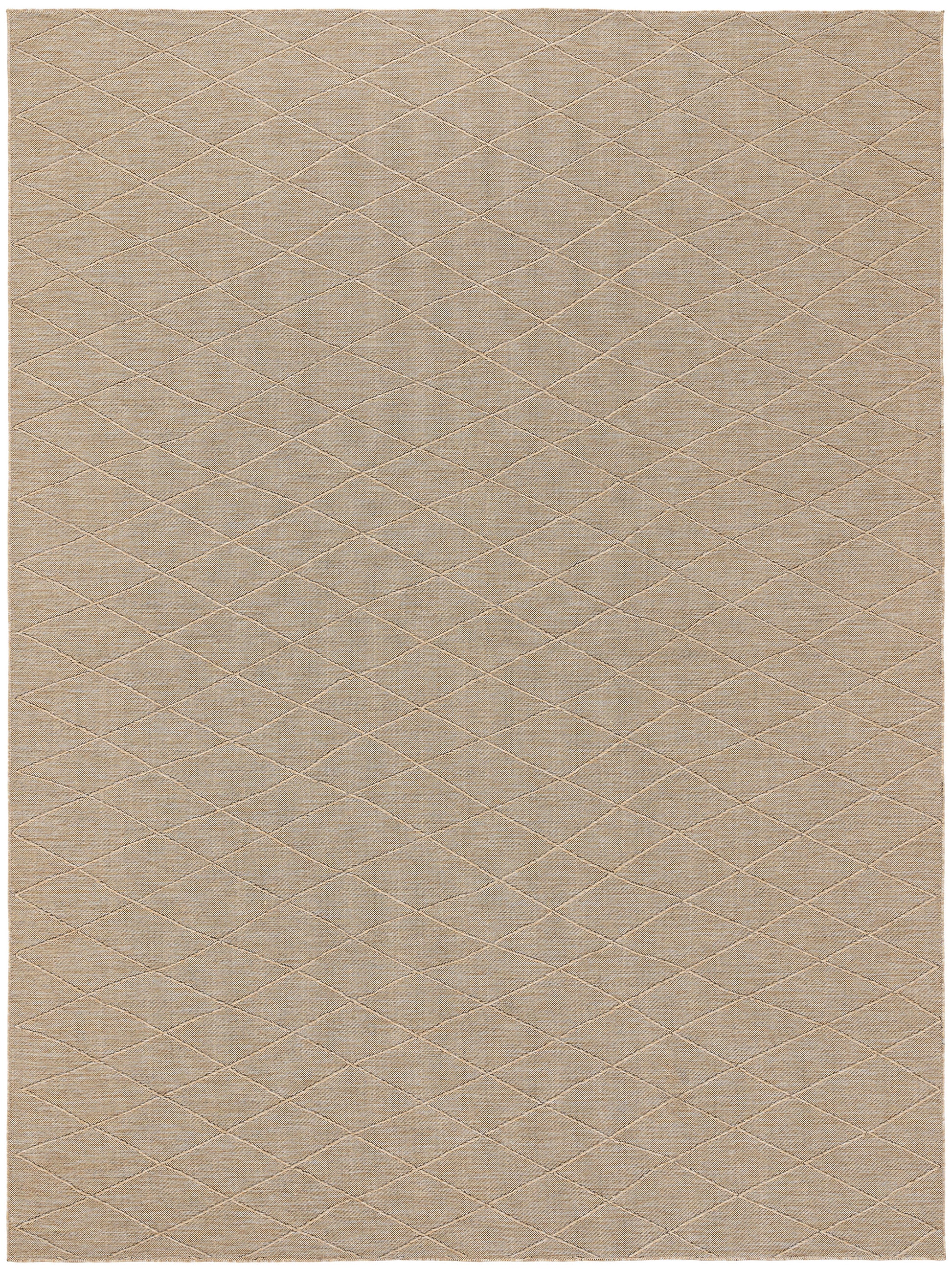 Beige-tan rectangular rug with subtle diamond-quilted texture and soft, cozy look.