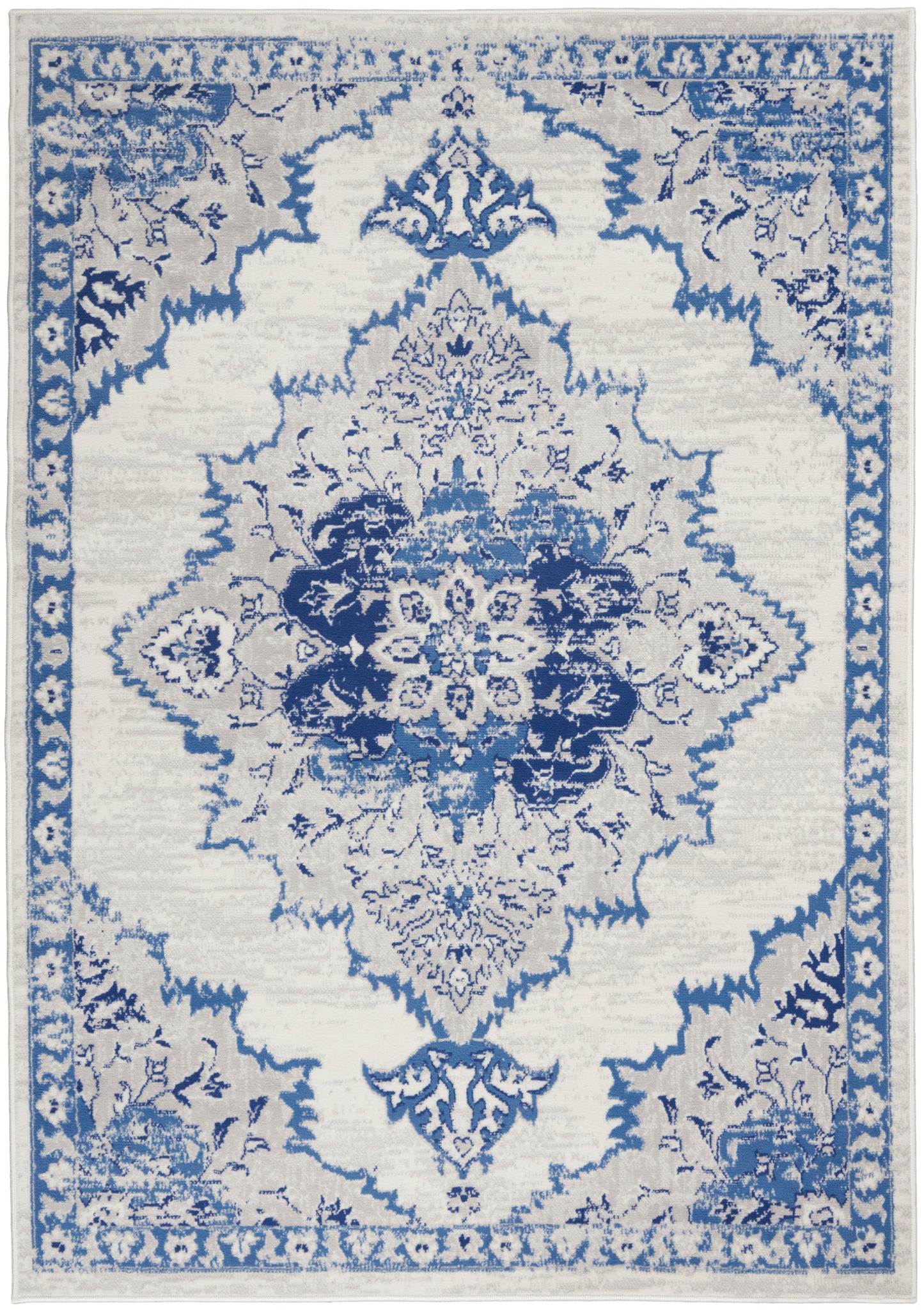 Blue and cream oriental rug with a large central floral medallion and ornate border.