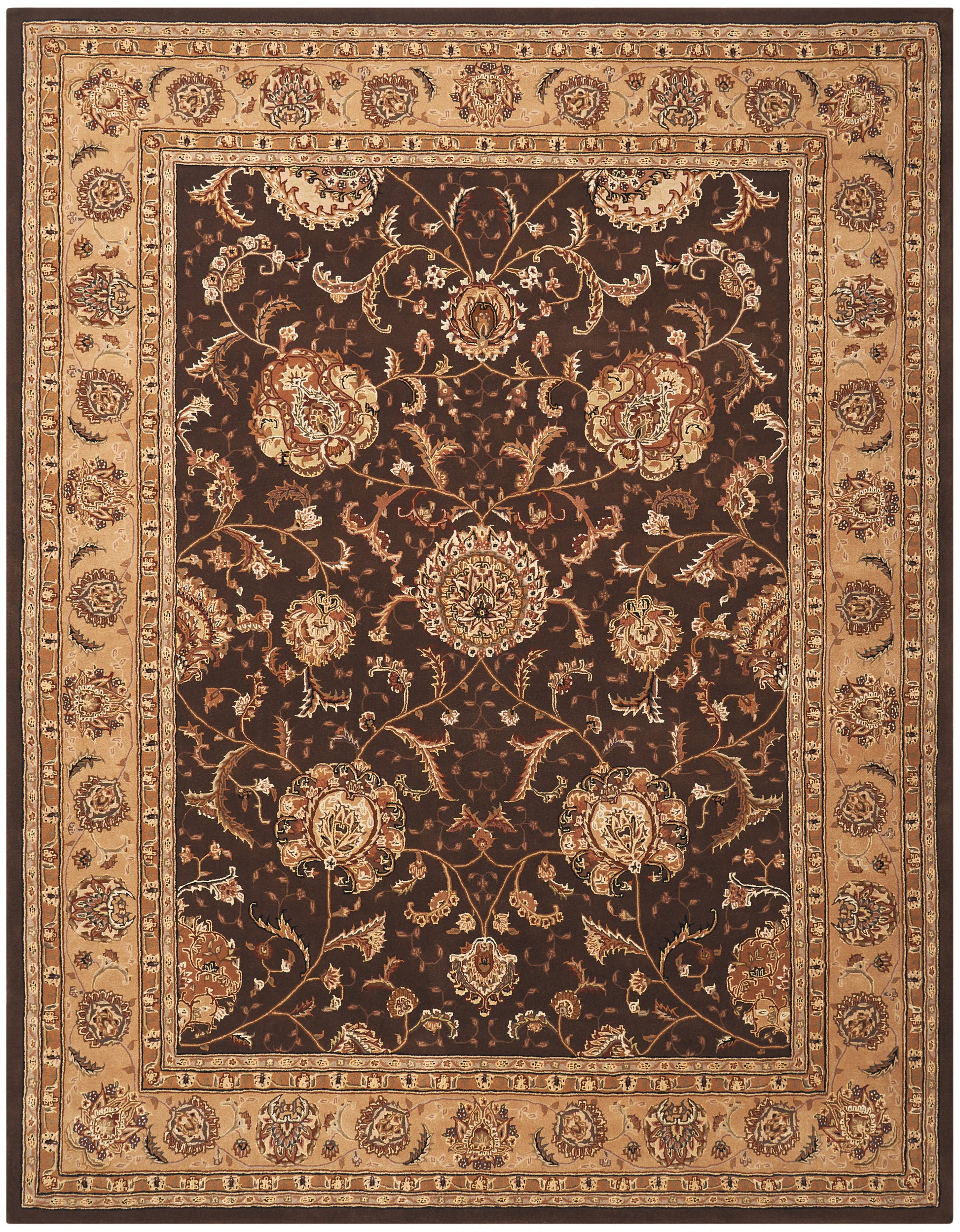 Rectangular Persian-style area rug with dark brown field, beige-gold floral medallions and layered tan borders.