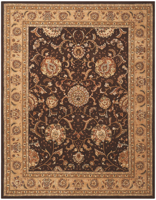 Rectangular Persian-style area rug with dark brown field, beige-gold floral medallions and layered tan borders.