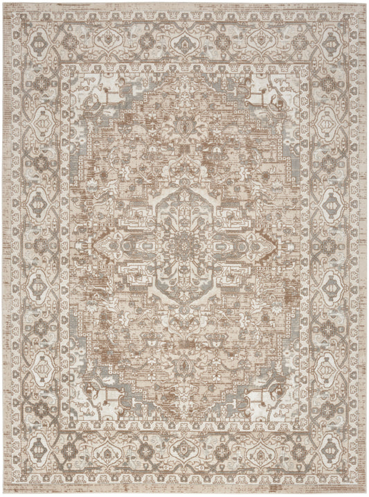 Neutral beige and taupe Oriental rug with a central medallion and ornate floral border; traditional living-room accent.